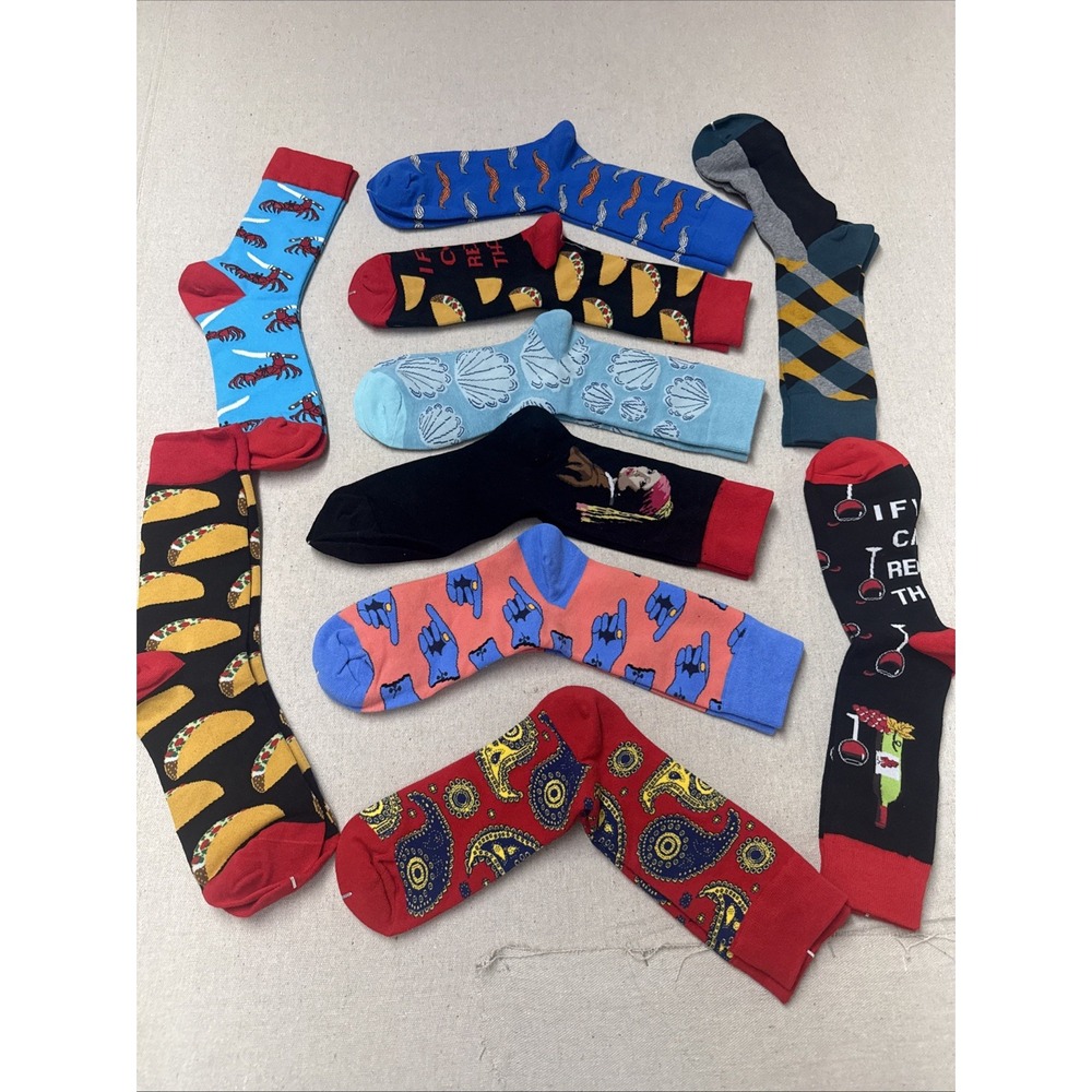 Different Touch Novelty Crew Socks Lot 10 Pairs Assorted Multi US 9-13 New